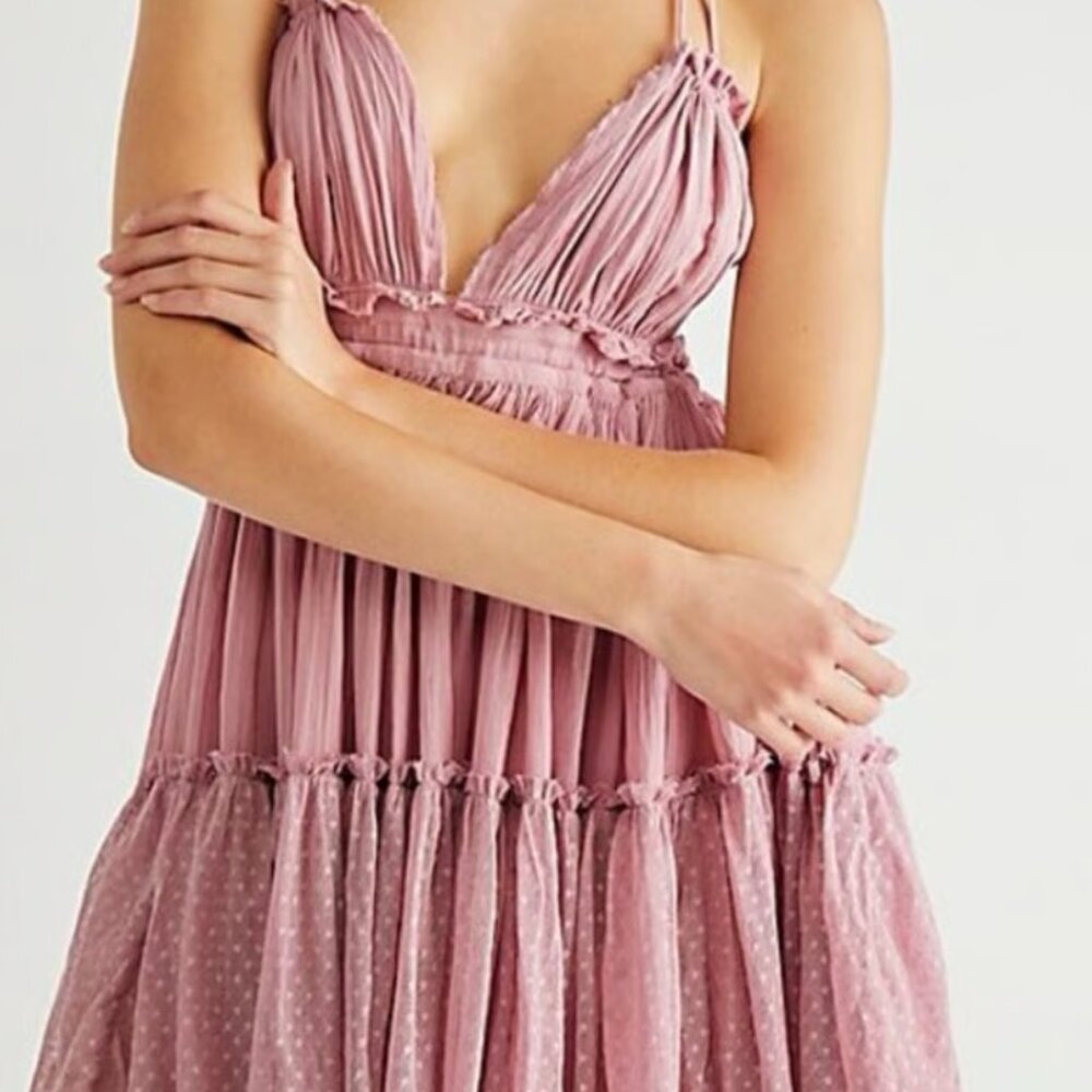 Free People 100 Degrees Swiss Dot Backless Halter Mini Dress Pink Dusty Rose